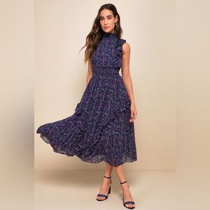 Navy blue floral mock neck midi dress